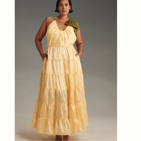 Anthropologie Hutch Scoop Neck Tiered Yellow Maxi Dress Green Bow Women's 3X - Picture 2 of 16